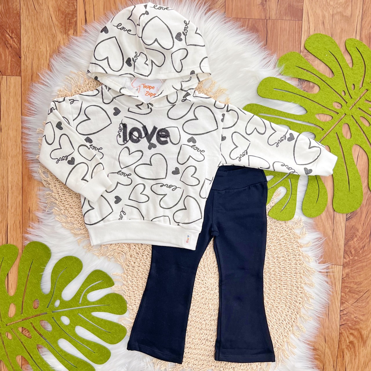 Conj. Casaco de Moletom Love com Capuz e Calça Legging Flare - Off White e Preto
